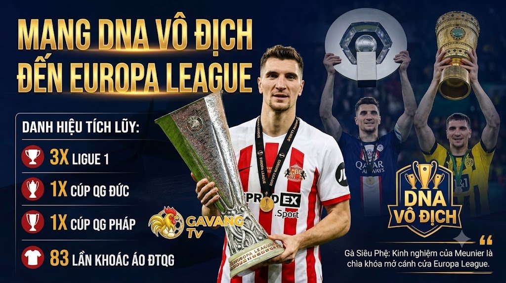 Đồ họa 'DNA chiến thắng' của Thomas Meunier. Hình ảnh kết hợp biểu tượng huy chương và cúp mô phỏng với dữ liệu: 83 lần khoác áo ĐTQG, 3 Ligue 1, và 1 Cúp Quốc gia Đức, nhấn mạnh sức mạnh cho Europa League.