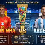 Ảnh bìa nhận định trận chung kết World Cup 2026 giữa Tây Ban Nha vs Argentina với cuộc đối đầu giữa Lamine Yamal và Lionel Messi tại Gavang TV.
