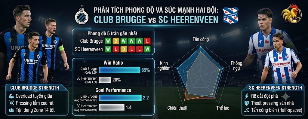 Bảng dashboard phân tích phong độ, thống kê sức mạnh, tỷ lệ thắng và hiệu suất ghi bàn của Club Brugge đối đầu SC Heerenveen chi tiết từ chuyên gia Gavang TV.